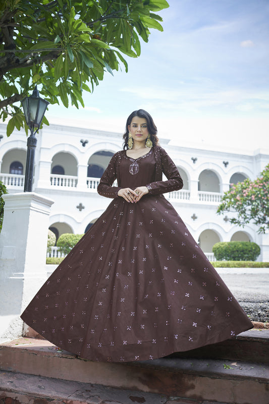 Dark maroon cotton sequince embroidered work Gown with koti