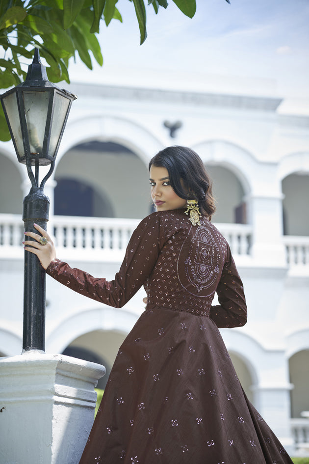 Dark maroon cotton sequince embroidered work Gown with koti
