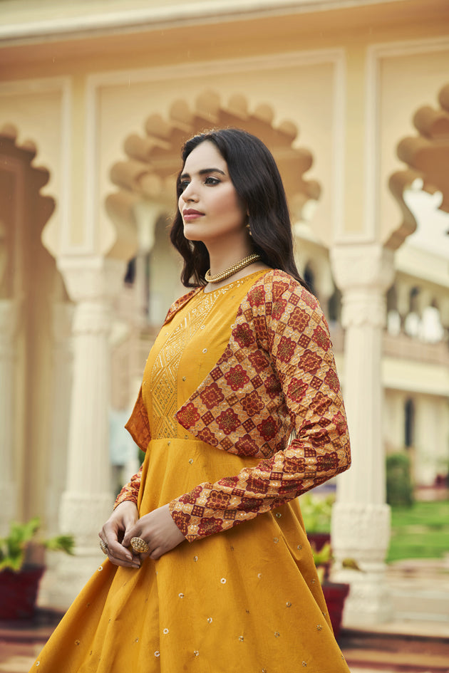 Mustard yellow cotton sequince embroidered work Long Gown With Koti