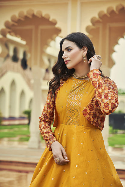 Mustard yellow cotton sequince embroidered work Long Gown With Koti