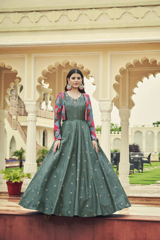 Dasty green cotton sequince embroidered work Long Gown With Koti
