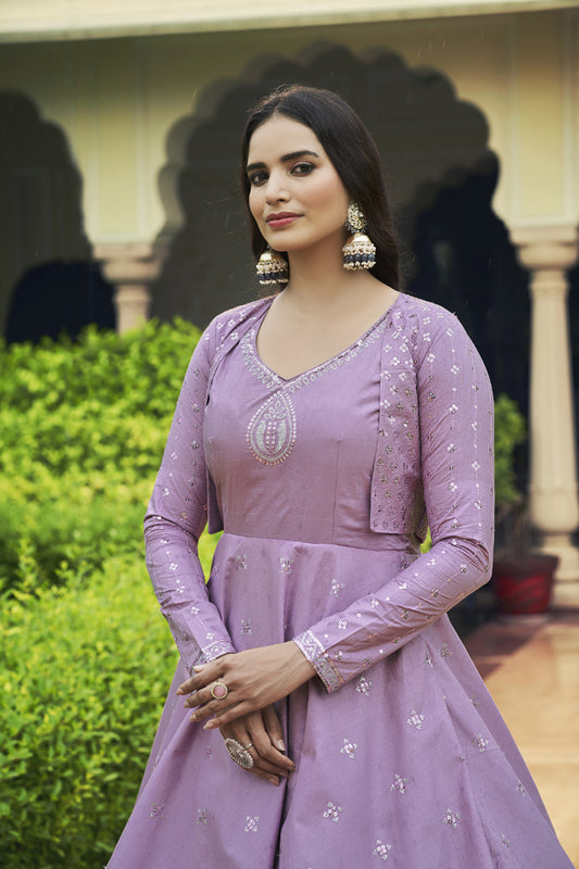 Light purple cotton sequince embroidered work Long Gown