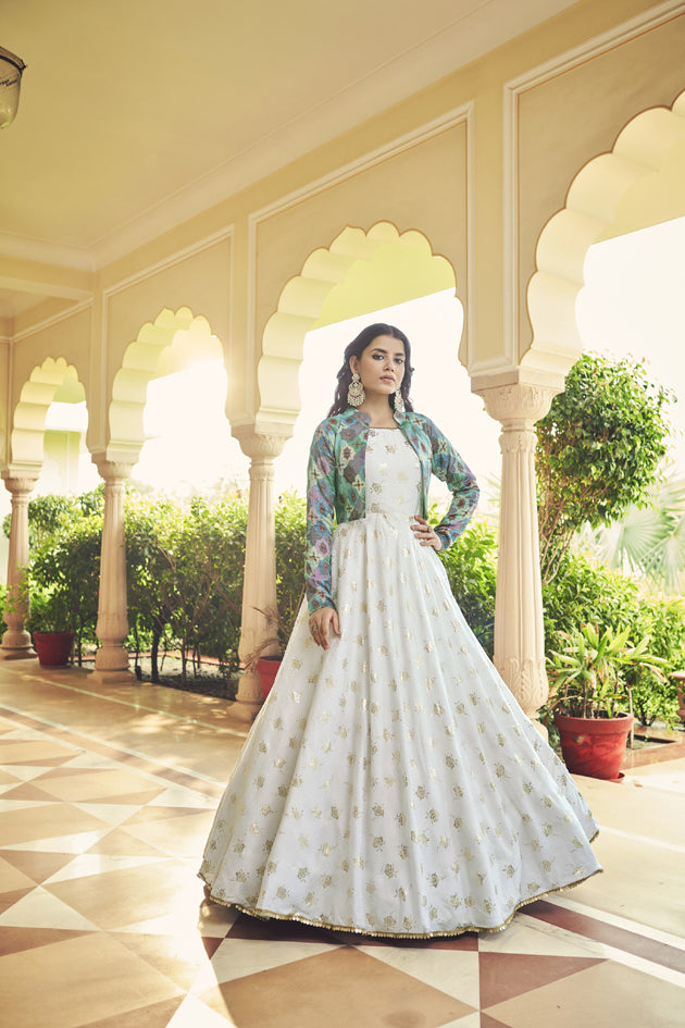 White cotton sequince embroidered work Long Gown With Koti