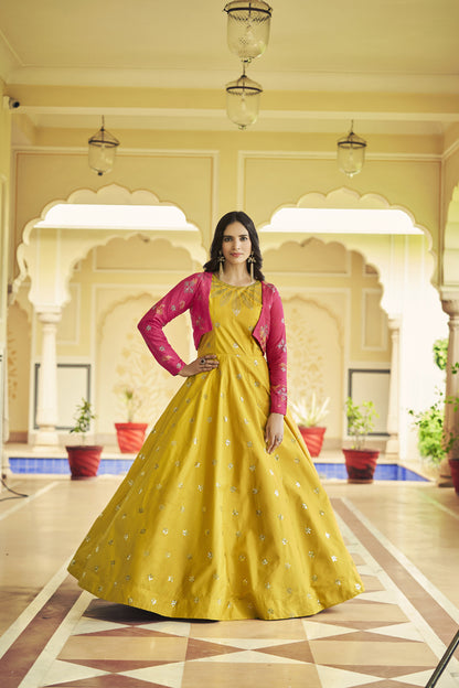 Yellow cotton sequince embroidered work Long Gown With Koti