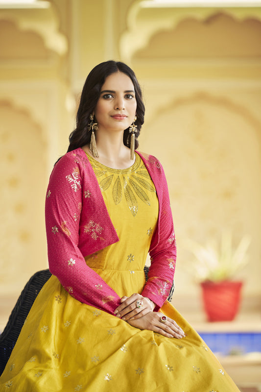 Yellow cotton sequince embroidered work Long Gown With Koti