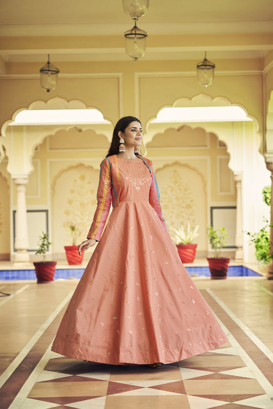 peach cotton sequince embroidered work Long Gown With Koti