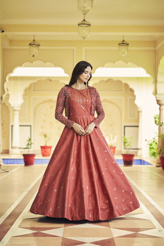 Dasty orange cotton sequince embroidered work Long Gown With Koti