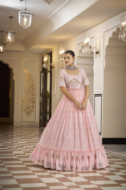 Designer pink Georgette thread and sequince embroidered work Anarkali Long Gown