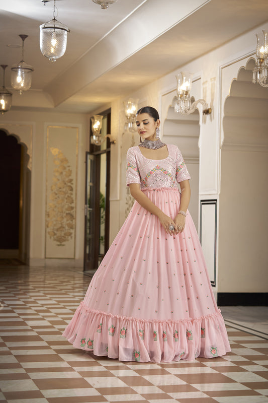 Designer pink Georgette thread and sequince embroidered work Anarkali Long Gown