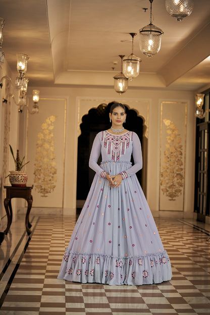 Designer light blue Georgette thread and sequince embroidered work Anarkali Long Gown