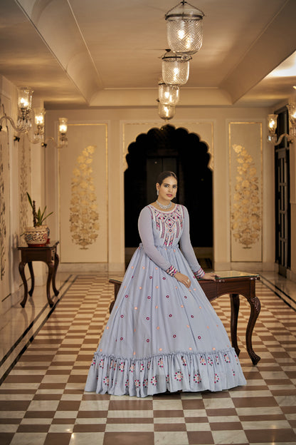 Designer light blue Georgette thread and sequince embroidered work Anarkali Long Gown