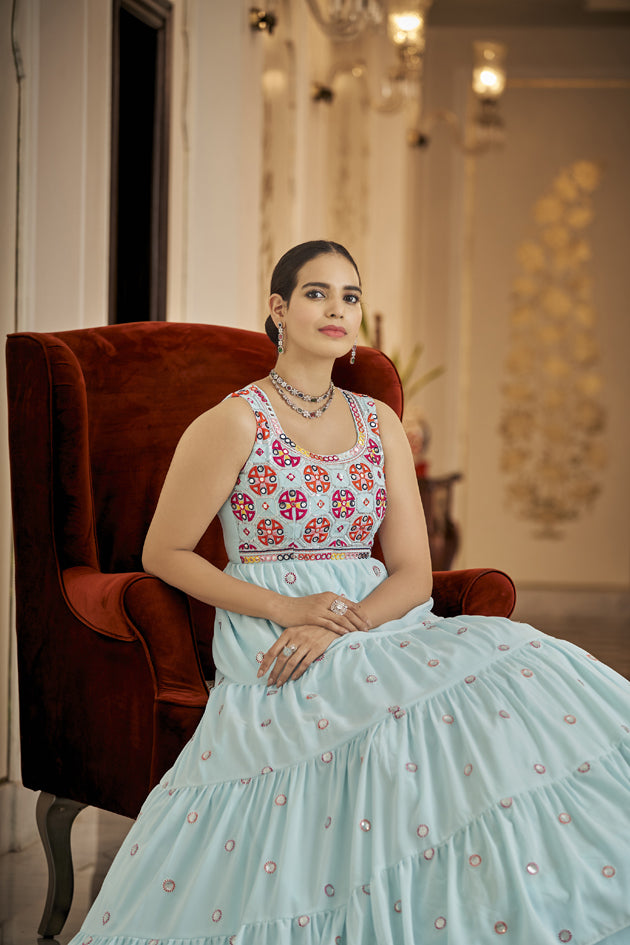 Designer sky  blue Georgette thread and sequince embroidered work Anarkali Long Gown