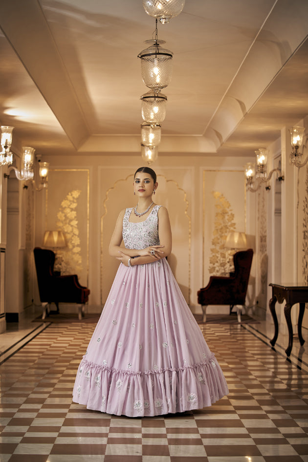 Designer dusty pink Georgette thread and sequince embroidered work Anarkali Long Gown