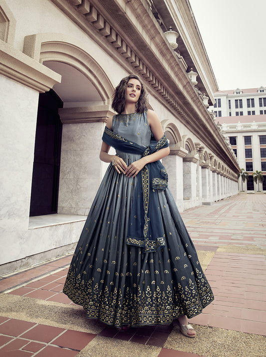 Designer grey to blue multi color Chinon thread and sequince embroidered work Anarkali Long Gown