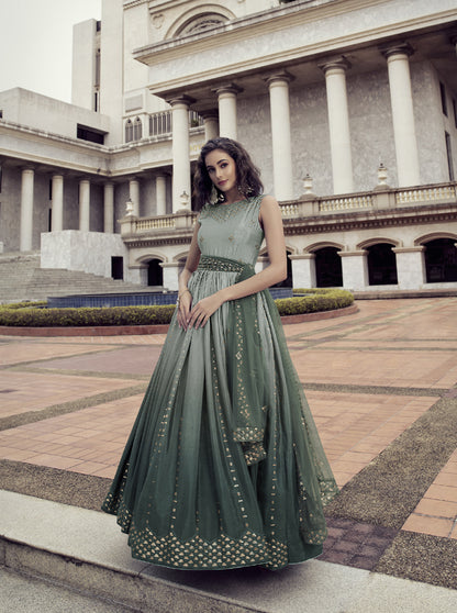Designer pista to green multi color Chinon thread and sequince embroidered work Anarkali Long Gown