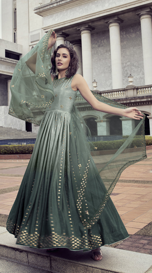 Designer pista to green multi color Chinon thread and sequince embroidered work Anarkali Long Gown