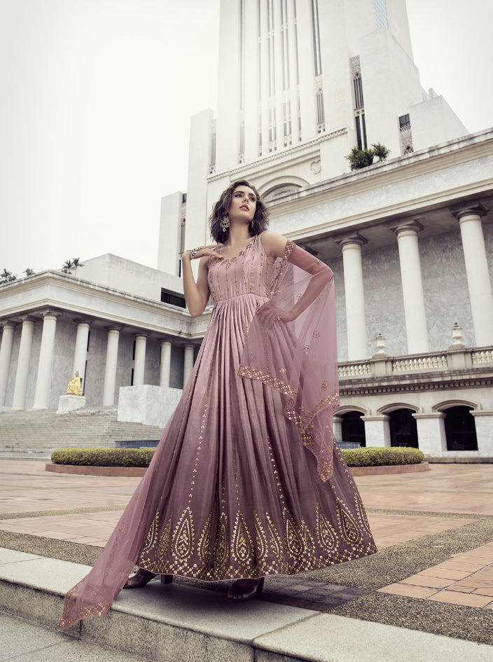 Designer pink to dusty multi color Chinon thread and sequince embroidered work Anarkali Long Gown