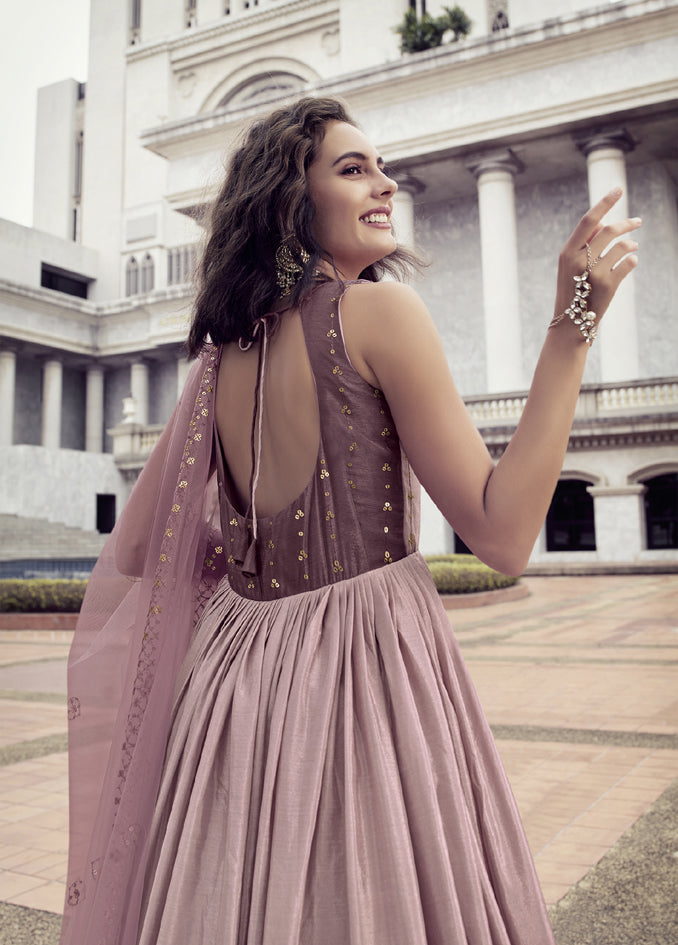 Designer pink to dusty multi color Chinon thread and sequince embroidered work Anarkali Long Gown