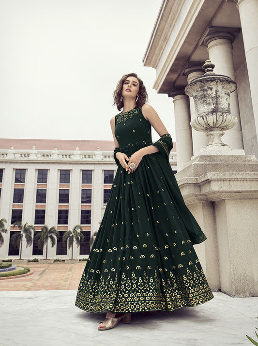 Designer green Georgette thread and sequince embroidered work Anarkali Long Gown