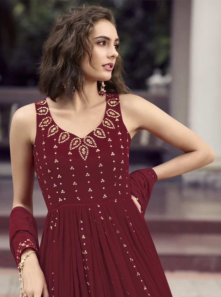 Designer maroon Georgette thread and sequince embroidered work Anarkali Long Gown