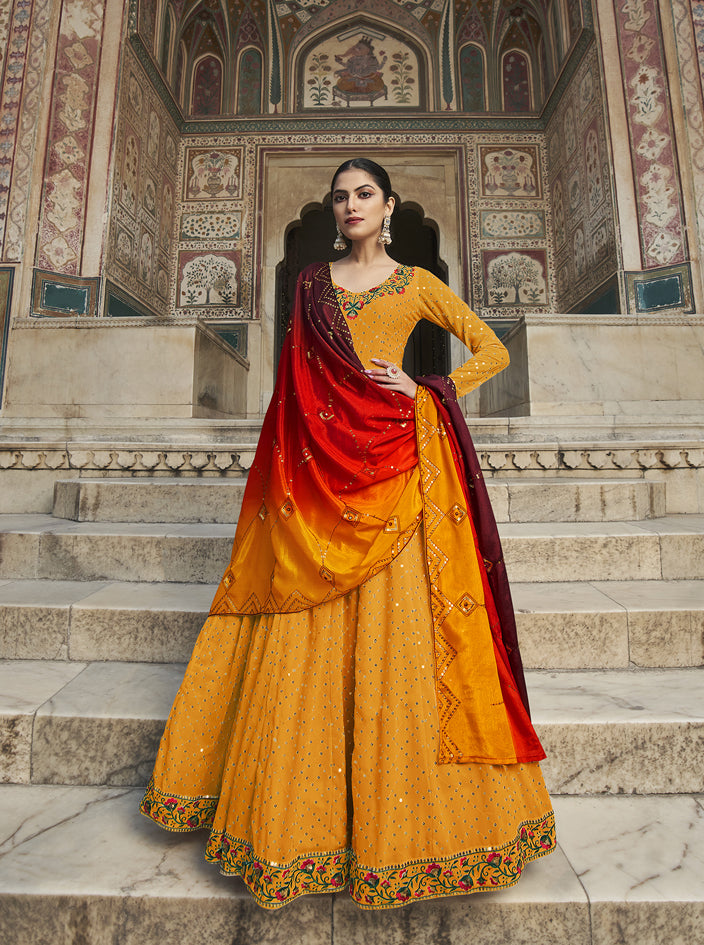 Designer yellow Georgette thread and sequince embroidered work Anarkali Long Gown