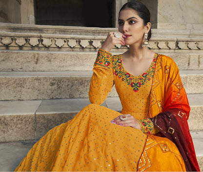 Designer yellow Georgette thread and sequince embroidered work Anarkali Long Gown