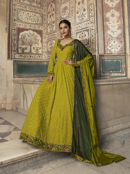 Designer lime green Georgette thread and sequince embroidered work Anarkali Long Gown