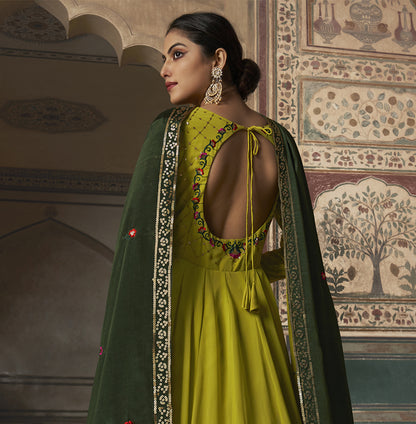 Designer lime green Georgette thread and sequince embroidered work Anarkali Long Gown