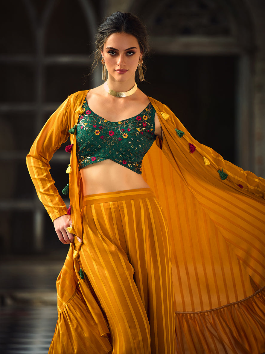 Designer green chinon embroidered Choli with yellow Plazzo Party wear With Koti