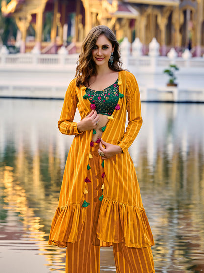 Designer green chinon embroidered Choli with yellow Plazzo Party wear With Koti