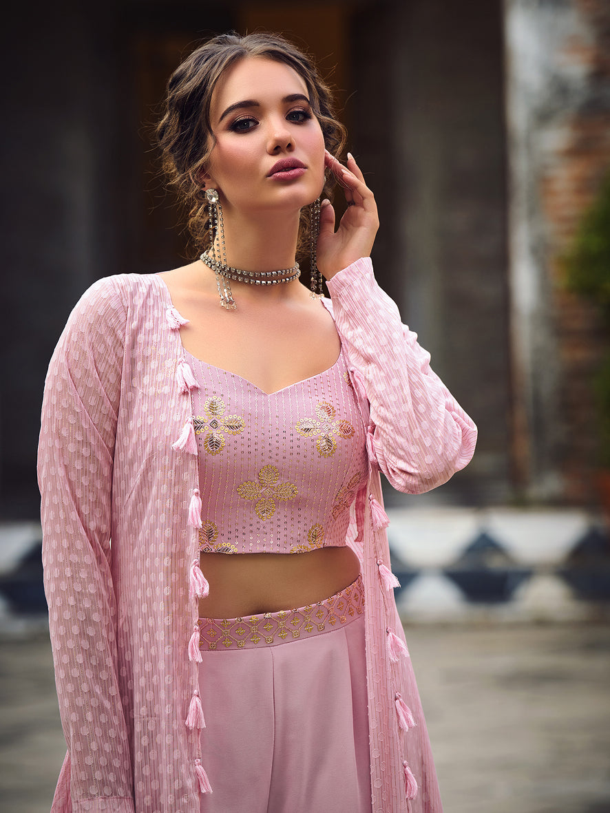 Designer dasty pink self weaving design georgette embroidered Choli with dasty pink Plazzo Party wear With Koti