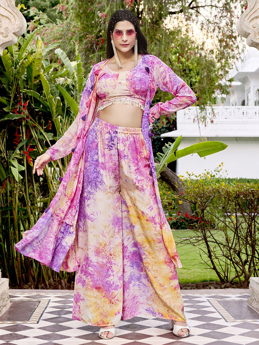 Designer purple silk print Choli with purple Plazzo Party wear With Koti
