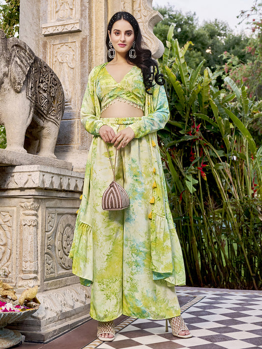 Designer floracance green silk print Choli with floracance green Plazzo Party wear With Koti