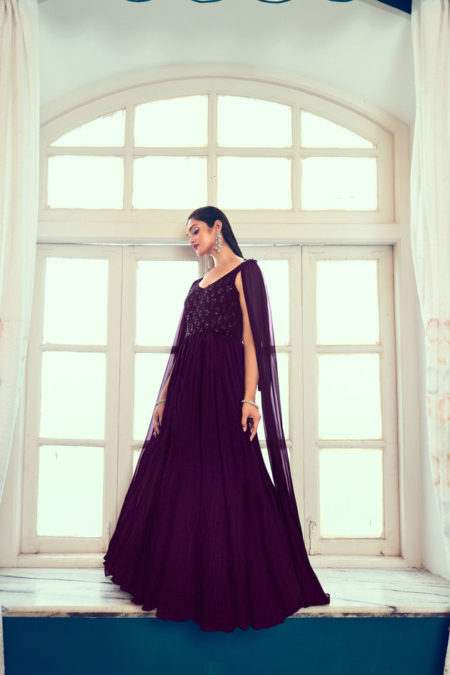 Designer purple Georgette thread and sequince embroidered work Anarkali Long Gown