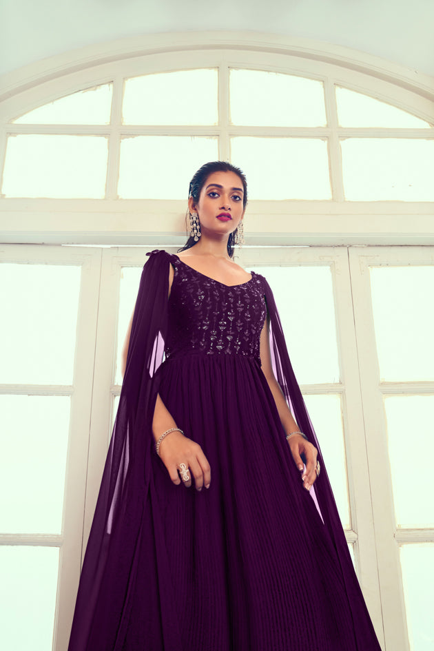 Designer purple Georgette thread and sequince embroidered work Anarkali Long Gown
