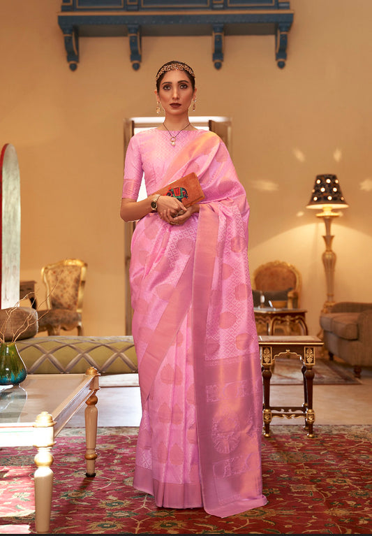 Pink Handloom Silk Copper Zari Woven Work Saree With Blouse