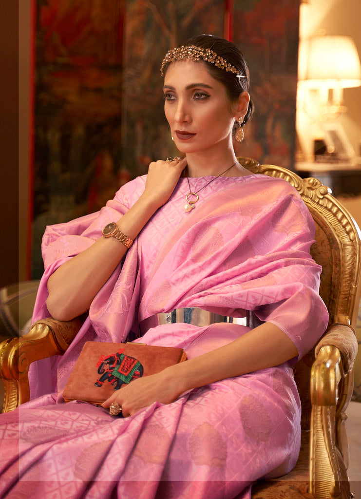 Pink Handloom Silk Copper Zari Woven Work Saree With Blouse
