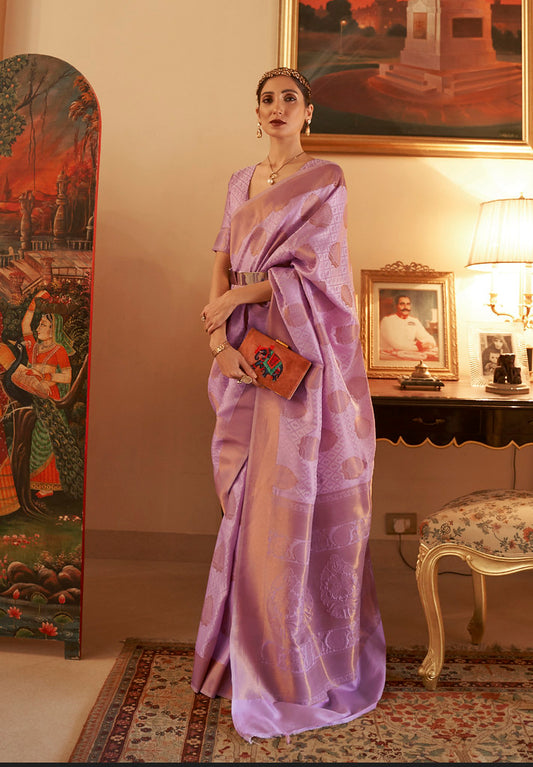 Lavender Handloom Silk Copper Zari Woven Work Saree With Blouse