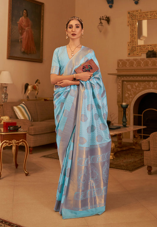 Sky Blue Handloom Silk Copper Zari Woven Work Saree With Blouse