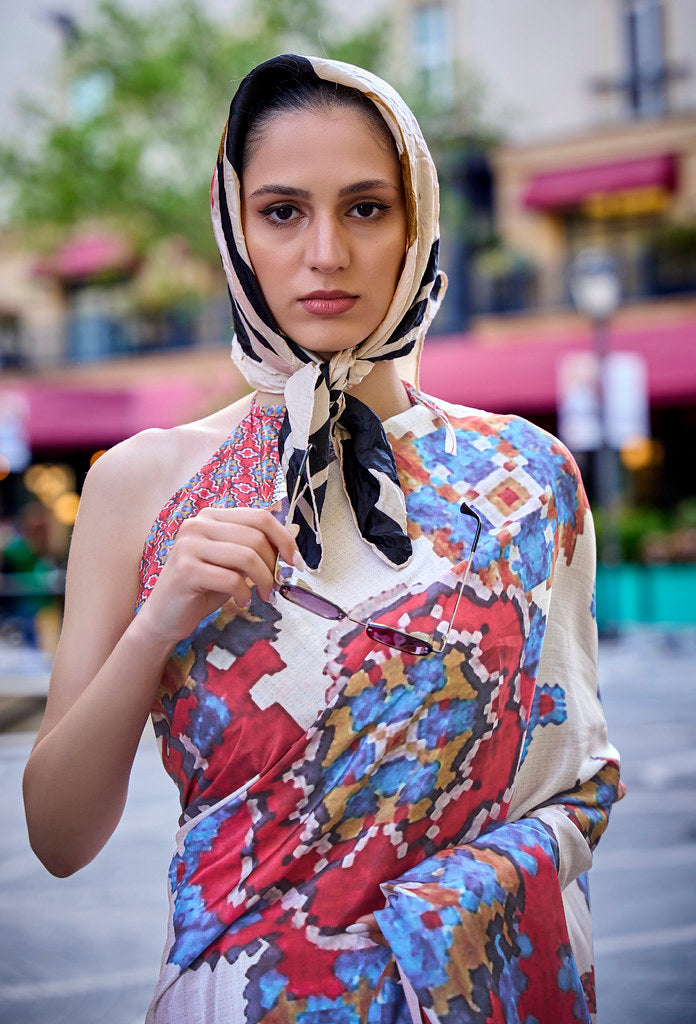Multicolor Silk Crepe  Digital Printed Work Saree With Blouse