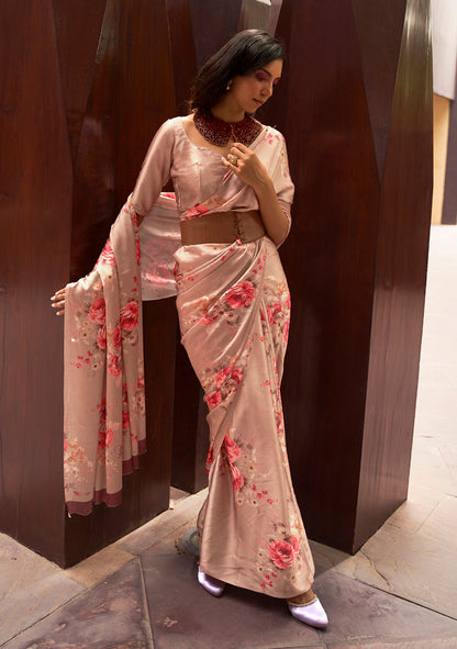 Pale Copper Satin Crepe  Digital Printed Work Saree With Blouse