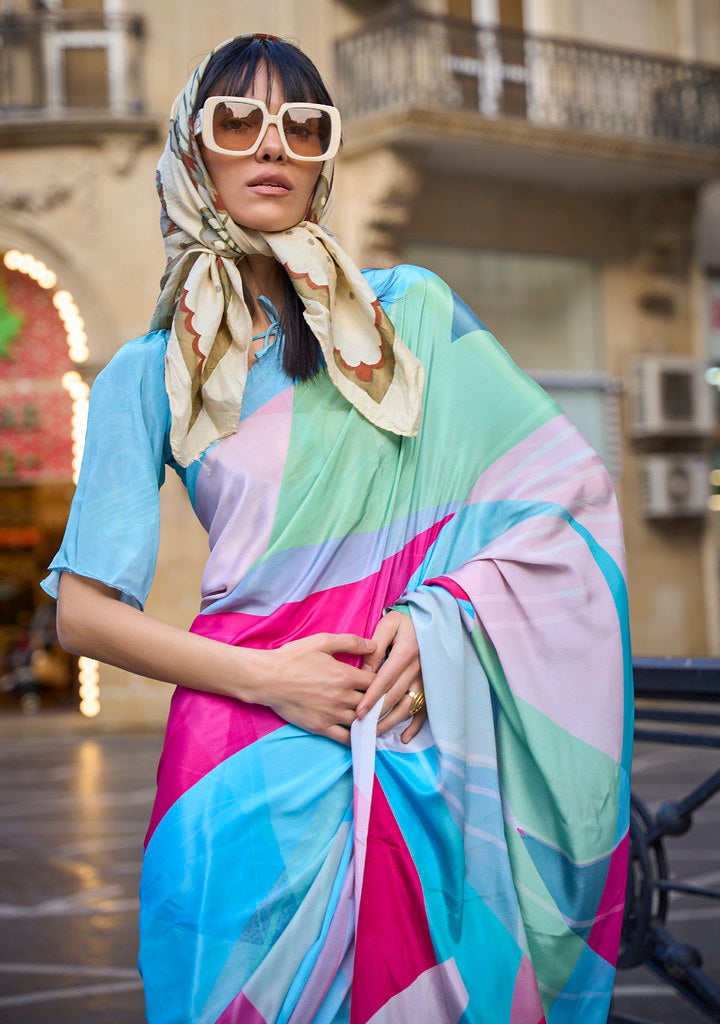 Multicolor Silk Crepe  Digital Printed Work Saree With Blouse