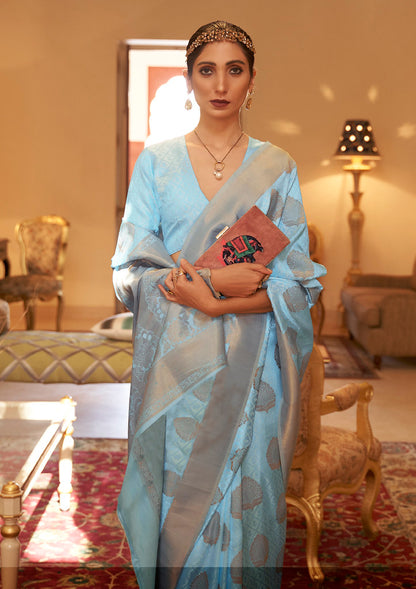 Sky Blue Handloom Silk Copper Zari Woven Work Saree With Blouse