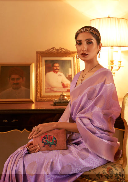 Lavender Handloom Silk Copper Zari Woven Work Saree With Blouse