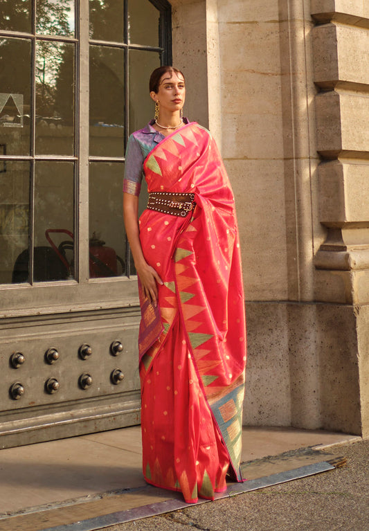Coral Red Silk Jacquard Woven Saree With Blouse