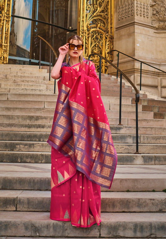 Coral Red Silk Jacquard Woven Saree With Blouse