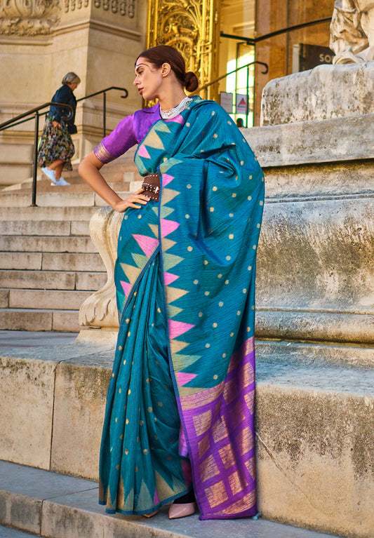 Teal Blue Silk Jacquard Woven Saree With Blouse