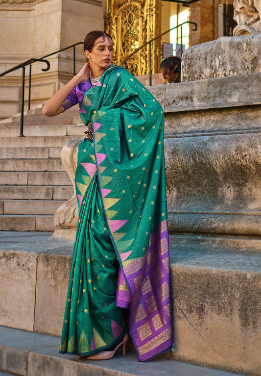 Green Silk Jacquard Woven Saree With Blouse