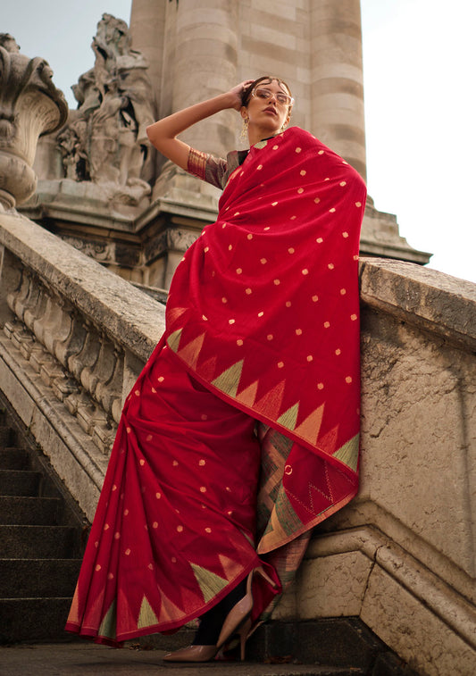 Red Silk Jacquard Woven Saree With Blouse
