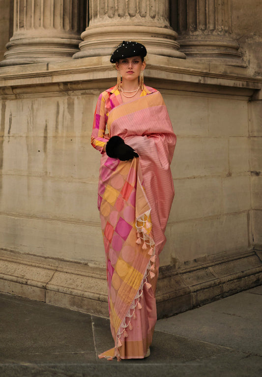 Peach Soft Handloom Silk Woven Work Saree With Blouse